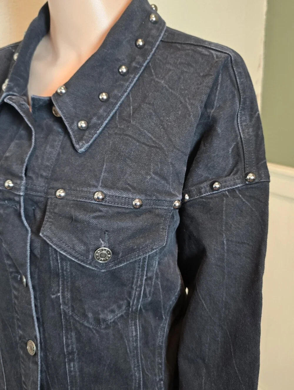Rails Ladera Studded Denim Mini Dress NWT Size Large Black Long Sleeve - Picture 10 of 16